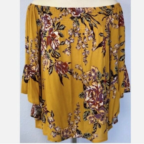 Oddi OFF SHOULDER SMOCKED WOVEN TOP 3/4 Bell Sleeve Blouse Women’s Size Large - Picture 1 of 7